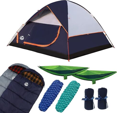 Northroad 9PCS Camping Tent Kit, Including 1 2/3 Person Dome Tent, 2 Sleeping Bag, 2 Sleeping Pad/Camping Mat, 2 Single Camping Hammock with 2 Tree Straps, 2 Lightweight Fuzzy Bed Blanket in Kuwait