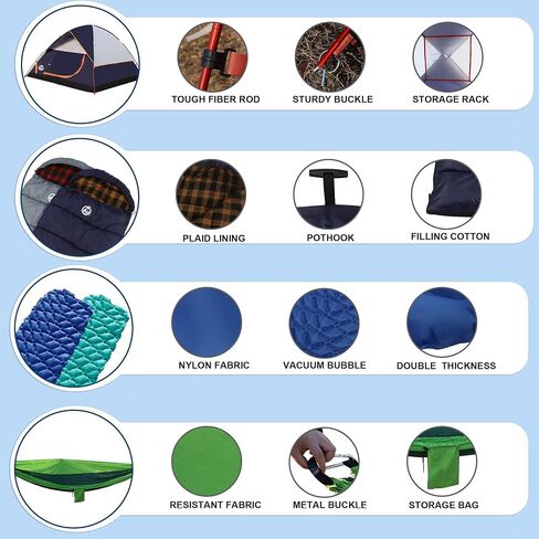 Northroad 9PCS Camping Tent Kit, Including 1 2/3 Person Dome Tent, 2 Sleeping Bag, 2 Sleeping Pad/Camping Mat, 2 Single Camping Hammock with 2 Tree Straps, 2 Lightweight Fuzzy Bed Blanket in Kuwait