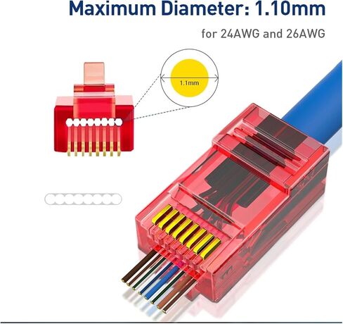 RJ45 CAT6 CAT5e Straight-Through Connector Modular Plug 8P8C Crystal end Gold-Plated Solid or Stranded UTP Network Cable(100pcs,Blue) in Kuwait