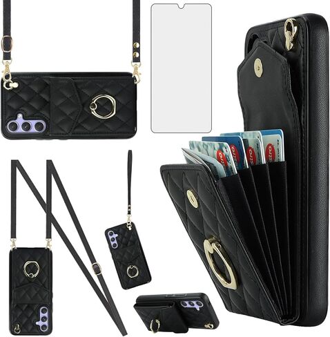 Phone Case for Samsung Galaxy S25 Plus S25+ 5G Wallet Cover with Tempered Glass Screen Protector Wrist Strap Ring RFID Blocking Card Holder Cell S25Plus 25S + S 25 25+ SM-S936U Women Girls Dark Purple in Kuwait