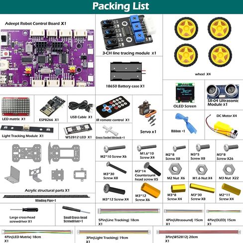 مجموعة السيارة الذكية Adeept Mecanum Wheel (متوافقة مع Arduino IDE)، تتبع الخطوط، تتبع الضوء، تجنب العوائق، محرك مؤازر، شاشة OLED، طنين، شاشة LED نقطية in Saudi Arabia