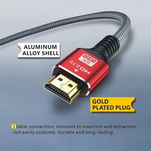كابل 8K HDMI 2.1، سلك مجدول فائق السرعة 48 جيجابت في الثانية، 2K@240HZ، 4K@120هرتز، 8K@60هرتز، eARC، متوافق مع Ps5، الشاشة، الكمبيوتر الشخصي والمزيد in Saudi Arabia