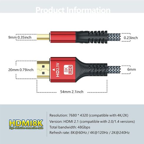 كابل 8K HDMI 2.1، سلك مجدول فائق السرعة 48 جيجابت في الثانية، 2K@240HZ، 4K@120هرتز، 8K@60هرتز، eARC، متوافق مع Ps5، الشاشة، الكمبيوتر الشخصي والمزيد in Saudi Arabia