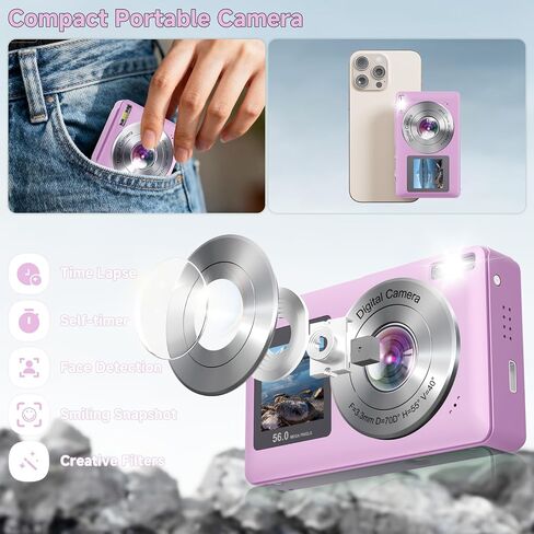 Digital Camera, 56MP 2.7K Dual-Screen Selfie Camera with 16X Zoom, 20 Filters & Anti-Shake, Portable Point and Shoot Digital Cameras with 32GB Card, Compact Travel Cameras for Beginners Teens Kids in Saudi Arabia