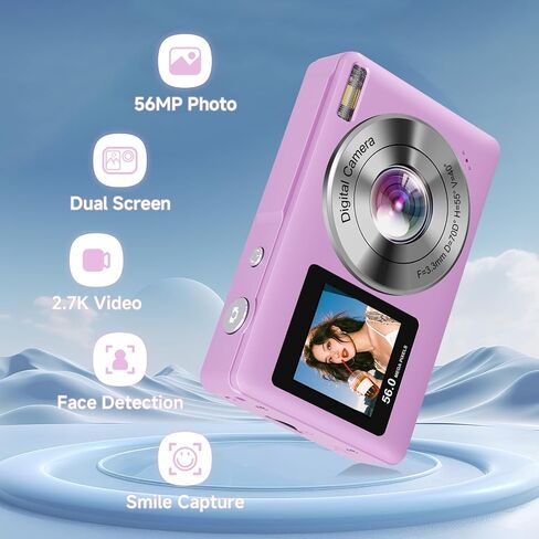 Digital Camera, 56MP 2.7K Dual-Screen Selfie Camera with 16X Zoom, 20 Filters & Anti-Shake, Portable Point and Shoot Digital Cameras with 32GB Card, Compact Travel Cameras for Beginners Teens Kids in Saudi Arabia