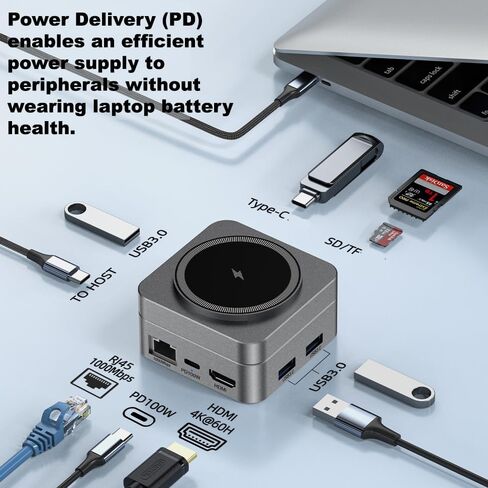 10-in-1 Portable USB-C Hub with Wireless Charger, 4K HDMI, Made with Aluminum Alloy Casing for Durability, Compatible with Mac, Windows, Compact and Lightweight USB C Docking Station for Travel in Saudi Arabia
