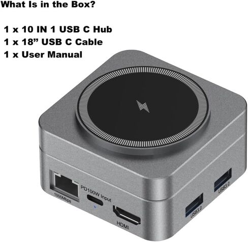 10-in-1 Portable USB-C Hub with Wireless Charger, 4K HDMI, Made with Aluminum Alloy Casing for Durability, Compatible with Mac, Windows, Compact and Lightweight USB C Docking Station for Travel in Saudi Arabia