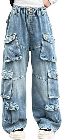 Rolanko Girls Baggy Wide Leg Cargo Pants Y2K High Waist Kids Casual Loose Trousers 4-15 Years in Saudi Arabia