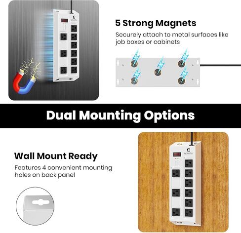 Magnetic Heavy Duty 20A Power Strip with Surge Protector, 9-Outlet Metal Junction Box with 6FT 12/3 Gauge Cord, for Garage, Workshop & Appliance (Silver) in Saudi Arabia