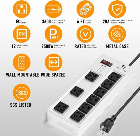 Magnetic Heavy Duty 20A Power Strip with Surge Protector, 9-Outlet Metal Junction Box with 6FT 12/3 Gauge Cord, for Garage, Workshop & Appliance (Silver) in Saudi Arabia