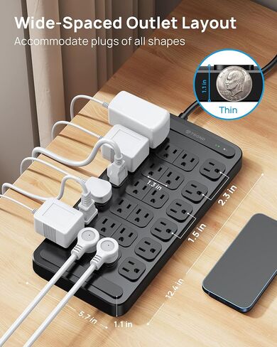 TROND Surge Protector Power Strip 360° Rotating Flat Plug, 24 AC Outlets, 4000 Joules, 6ft Heavy Duty Extension Cord 1875W, ETL Listed, Ideal for Gaming Office Home Dorm Room Essentials Black in Saudi Arabia