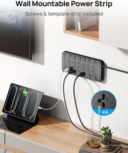TROND Surge Protector Power Strip 360° Rotating Flat Plug, 24 AC Outlets, 4000 Joules, 6ft Heavy Duty Extension Cord 1875W, ETL Listed, Ideal for Gaming Office Home Dorm Room Essentials Black in Saudi Arabia