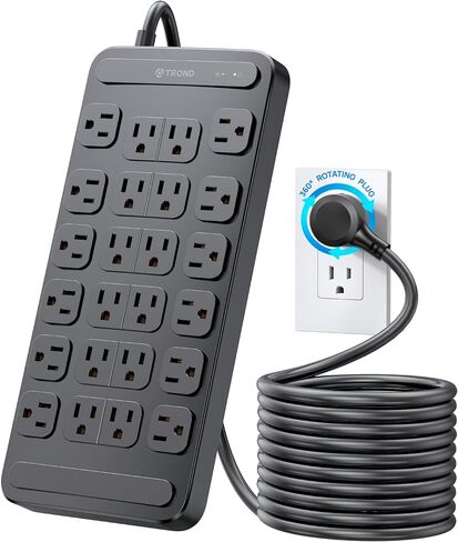 شريط طاقة TROND Surge Protector بقابس مسطح يدور 360 درجة، 24 منفذ تيار متردد، 4000 جول، سلك تمديد عالي التحمل 6 أقدام 1875 وات، مدرج في قائمة ETL، مثالي للألعاب والمكتب والمنزل وأساسيات غرفة النوم باللون الأسود in Kuwait