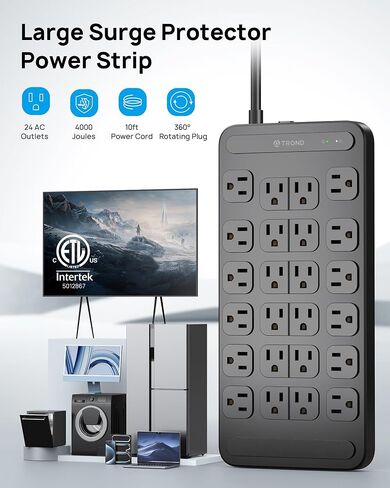 شريط طاقة TROND Surge Protector بقابس مسطح يدور 360 درجة، 24 منفذ تيار متردد، 4000 جول، سلك تمديد عالي التحمل 6 أقدام 1875 وات، مدرج في قائمة ETL، مثالي للألعاب والمكتب والمنزل وأساسيات غرفة النوم باللون الأسود in Kuwait
