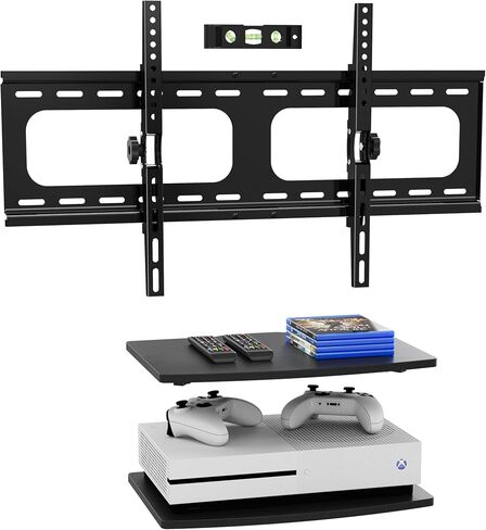 3-in-1 TV Mount & Shelves Kit, Wall-Mount TV Bracket Fits 37–75" TVs, Holds Up to 154 lbs, Max VESA 600 × 400 mm, 2 Wooden Floating Shelves for DVD Players, Game Consoles, Decor in Saudi Arabia