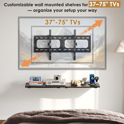 3-in-1 TV Mount & Shelves Kit, Wall-Mount TV Bracket Fits 37–75" TVs, Holds Up to 154 lbs, Max VESA 600 × 400 mm, 2 Wooden Floating Shelves for DVD Players, Game Consoles, Decor in Saudi Arabia