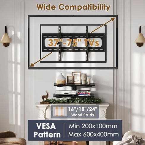 3-in-1 TV Mount & Shelves Kit, Wall-Mount TV Bracket Fits 37–75" TVs, Holds Up to 154 lbs, Max VESA 600 × 400 mm, 2 Wooden Floating Shelves for DVD Players, Game Consoles, Decor in Saudi Arabia
