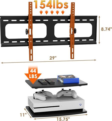 3-in-1 TV Mount & Shelves Kit, Wall-Mount TV Bracket Fits 37–75" TVs, Holds Up to 154 lbs, Max VESA 600 × 400 mm, 2 Wooden Floating Shelves for DVD Players, Game Consoles, Decor in Saudi Arabia