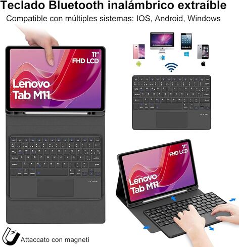 حافظة لوحة مفاتيح تعمل باللمس لجهاز Lenovo Tab M11 / K11 LTE مقاس 11 بوصة 2024، غطاء لوحة مفاتيح بلوتوث لاسلكي قابل للفصل، حافظة جلدية من البولي يوريثان مع حامل قلم رصاص، إيقاظ/غفو تلقائي، مسند متعدد الزوايا، لوحة تتبع in Kuwait