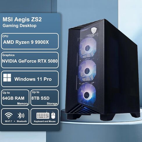 سطح المكتب للألعاب msi Aegis ZS2 AMD 12-core Zen 5 Ryzen 9 9900X (>i9-14900HX) 64 جيجابايت DDR5 2 تيرابايت SSD GeForce RTX 5080 (ما يصل إلى 1801 AI Tops) مبرد سائل 360 مم 850 وات 80+ ذهبي PSU يدعم HDD Win11Pro مع محور ICP in Saudi Arabia