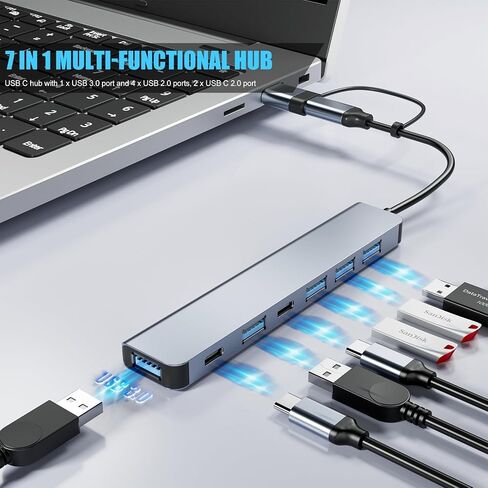 USB C Hub Aluminum 7 in 1, USB 3.0 Hub Multiport Adapter with 1 x USB 3.0, 4 x USB 2.0, 2 x USB C for MacBook Pro Air,iPad Pro, iMac, Laptop in Saudi Arabia