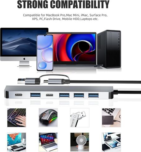 USB C Hub Aluminum 7 in 1, USB 3.0 Hub Multiport Adapter with 1 x USB 3.0, 4 x USB 2.0, 2 x USB C for MacBook Pro Air,iPad Pro, iMac, Laptop in Saudi Arabia
