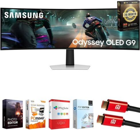 مجموعة شاشة الألعاب Samsung Odyssey G9 Dual QD-OLED G91SD المنحنية فائقة العرض مقاس 49 بوصة مع مجموعة Tech Smart USA Elite Suite 18، وكابل 2X 4K HDMI وحزمة حماية Deco Gear CPS لمدة 26 شهرًا (BEACH-CPS-26M1500) in Kuwait