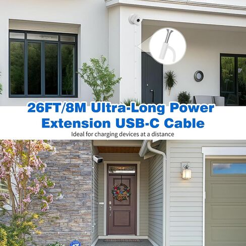 كابل تمديد طاقة USB من النوع C بطول 26 قدمًا لكاميرا WYZE Duo Cam Pan eufy Cam S340 كابل USB طويل إلى USB C لكاميرا الأمان سلك شحن داخلي خارجي لكاميرا المراقبة 10 مشابك كابل، أبيض in Kuwait