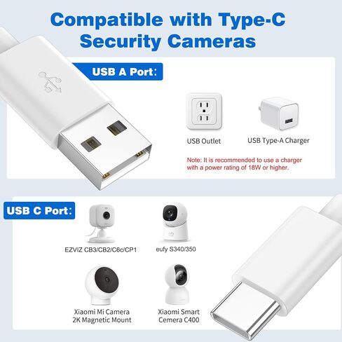 كابل تمديد طاقة USB من النوع C بطول 26 قدمًا لكاميرا WYZE Duo Cam Pan eufy Cam S340 كابل USB طويل إلى USB C لكاميرا الأمان سلك شحن داخلي خارجي لكاميرا المراقبة 10 مشابك كابل، أبيض in Kuwait