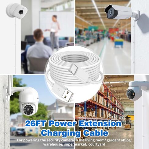 كابل تمديد طاقة USB من النوع C بطول 26 قدمًا لكاميرا WYZE Duo Cam Pan eufy Cam S340 كابل USB طويل إلى USB C لكاميرا الأمان سلك شحن داخلي خارجي لكاميرا المراقبة 10 مشابك كابل، أبيض in Kuwait