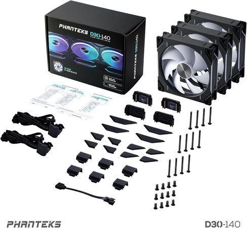Phanteks D30-140 DRGB PWM Fan 3Pack، مراوح أداء D-RGB متميزة، إضاءة ARGB/DRGB، نظام ربط مروحة سلسلة Daisy، 3Pack (أسود) in Saudi Arabia