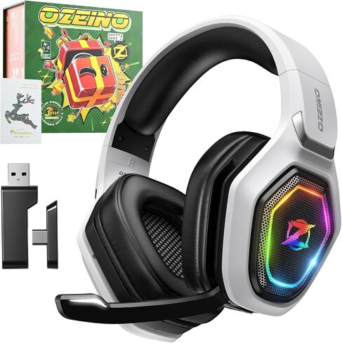 سماعات أذن Ozeino اللاسلكية للألعاب لأجهزة الكمبيوتر/Ps4/Ps5 مع جهاز إرسال USB-A وUSB-C مع ميكروفون وأضواء RGB - إصدار عيد الميلاد in Kuwait