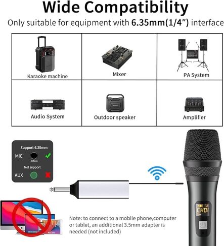 ميكروفون لاسلكي، نظام ميكروفون ديناميكي لاسلكي مزدوج UHF احترافي مع جهاز استقبال قابل لإعادة الشحن - نطاق 160 قدم، مجموعة ميكروفون كاريوكي للكاريوكي، غناء الحفلات، الكنيسة، الكلام، DJ، الزفاف in Kuwait