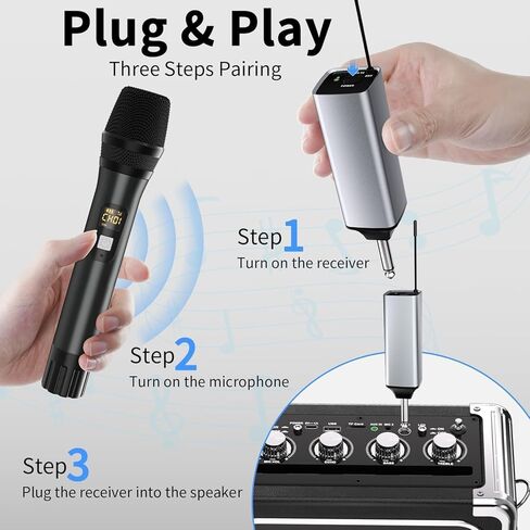 ميكروفون لاسلكي، نظام ميكروفون ديناميكي لاسلكي مزدوج UHF احترافي مع جهاز استقبال قابل لإعادة الشحن - نطاق 160 قدم، مجموعة ميكروفون كاريوكي للكاريوكي، غناء الحفلات، الكنيسة، الكلام، DJ، الزفاف in Kuwait