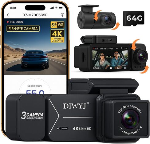 Dash Cam Front and Rear, 4K+2.5K+1080P with 170° Fisheye Lens, Full HD Dash Camera for Cars, 5GHz WiFi, IR Night Vision, WDR, 64GB Card Included, 24/7 Parking Mode, G-Sensor & Loop Recording（D7） in Saudi Arabia