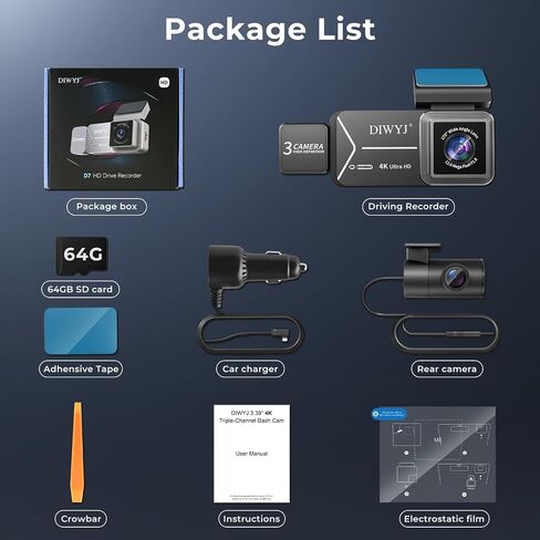 Dash Cam Front and Rear, 4K+2.5K+1080P with 170° Fisheye Lens, Full HD Dash Camera for Cars, 5GHz WiFi, IR Night Vision, WDR, 64GB Card Included, 24/7 Parking Mode, G-Sensor & Loop Recording（D7） in Saudi Arabia