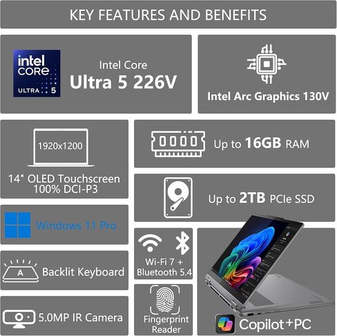 Lenovo Yoga 7 2-in-1 AI Laptop | 14" WUXGA OLED Touch | Intel Core Ultra 5 226V (Up to 40 Tops) | 16GB RAM 512GB SSD | Copilot+ PC for Creator Business Professional Win11 Pro w/DLCA Accessory in Saudi Arabia