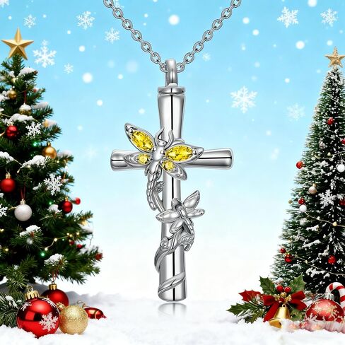 Dragonfly Cross Urn Necklaces for Ashes Women White Gold Plated s925 Sterling Silver w/Funnel Filler Memorial Cremation Jewelry with Birthstone Gifts for Women in Saudi Arabia