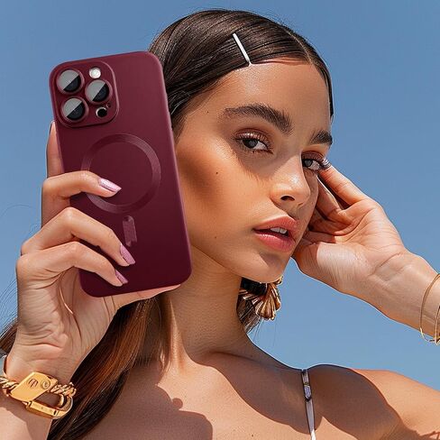 حافظة هاتف مغناطيسية لهاتف iPhone 13 Pro للنساء، [متوافقة مع المغناطيسي] تصميم معدني ناعم غير لامع مع واقيات عدسة و2 واقي شاشة لهاتف iPhone 13 Pro 6.1 بوصة - أحمر خمري in Kuwait