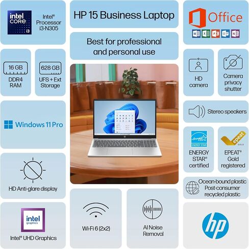 كمبيوتر محمول HP 15.6 بوصة إصدار 2025-2026 للأعمال الطلابية، مكتب MS مدى الحياة، وحدة معالجة مركزية Intel i3 ثمانية النواة، ذاكرة وصول عشوائي 16 جيجابايت، تخزين 628 جيجابايت (128 جيجابايت UFS + 500 جيجابايت تحويلة)، Wi-Fi 6، بطارية طويلة، MarxsolAccessory in Kuwait