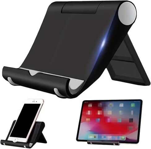 Multifunctional Foldable Phone Holder – Universal Adjustable Desktop Stand for Tablets & Phones –Black Plastic Holder for Bedside or Office Use in Saudi Arabia