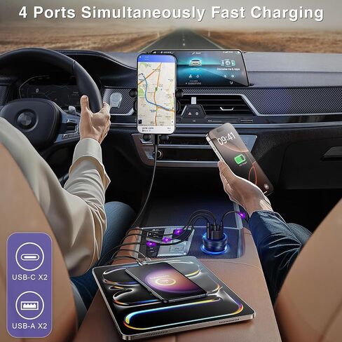 شاحن سيارة، 4 منافذ 65 وات مزدوج USB C وUSB-A شاحن USB ولاعة سجائر، عبوتان محول شاحن سيارة متعدد المنافذ من النوع C، قابس هاتف Cargador Carro شحن سريع لهاتف iPhone 17 16 15، iPad، Galaxy، الكمبيوتر اللوحي in Kuwait