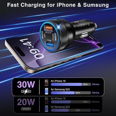 شاحن سيارة، 4 منافذ 65 وات مزدوج USB C وUSB-A شاحن USB ولاعة سجائر، عبوتان محول شاحن سيارة متعدد المنافذ من النوع C، قابس هاتف Cargador Carro شحن سريع لهاتف iPhone 17 16 15، iPad، Galaxy، الكمبيوتر اللوحي in Kuwait