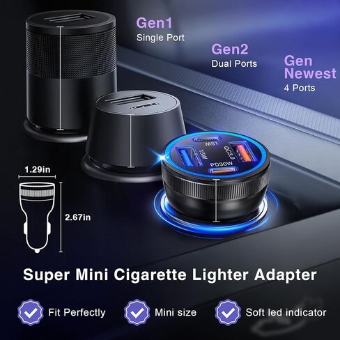 شاحن سيارة، 4 منافذ 65 وات مزدوج USB C وUSB-A شاحن USB ولاعة سجائر، عبوتان محول شاحن سيارة متعدد المنافذ من النوع C، قابس هاتف Cargador Carro شحن سريع لهاتف iPhone 17 16 15، iPad، Galaxy، الكمبيوتر اللوحي in Kuwait