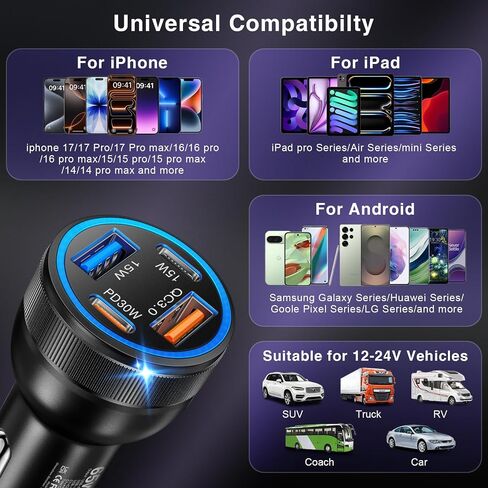 شاحن سيارة، 4 منافذ 65 وات مزدوج USB C وUSB-A شاحن USB ولاعة سجائر، عبوتان محول شاحن سيارة متعدد المنافذ من النوع C، قابس هاتف Cargador Carro شحن سريع لهاتف iPhone 17 16 15، iPad، Galaxy، الكمبيوتر اللوحي in Kuwait