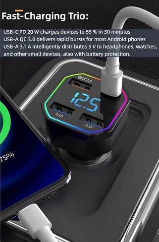 محول شاحن سيارة USB C بقدرة 65 وات، 4 منافذ شحن سريع مع QC3.0 وPD2.0، شاشة رقمية، متوافق مع iPhone 16–8، Galaxy S25–S8، iPad، Pixel in Saudi Arabia