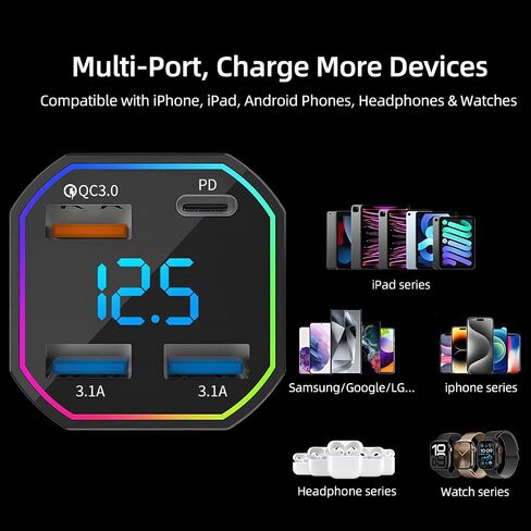 محول شاحن سيارة USB C بقدرة 65 وات، 4 منافذ شحن سريع مع QC3.0 وPD2.0، شاشة رقمية، متوافق مع iPhone 16–8، Galaxy S25–S8، iPad، Pixel in Saudi Arabia