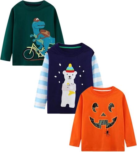 Boys Long Sleeve T-Shirt Cotton Casual Winter Crewneck Basic Active Tops Tee Tunic Shirts 3 Packs Sets in Kuwait