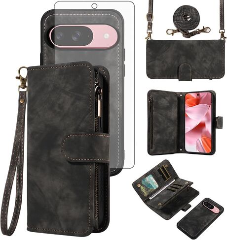 Asuwish Phone Case for Google Pixel 9/9 Pro 5G Zipper Wallet Magnetic Cell Cover with Tempered Glass Screen Protector Crossbody Wrist Strap Flip Credit Card Holder Pixel9 9Pro Nine Women Girls Black in Saudi Arabia