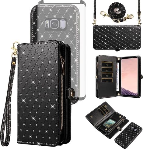 حافظة هاتف Asuwish لهاتف Samsung Galaxy S22 5G مزودة بسحاب وغطاء خلوي قابل للفصل مع واقي شاشة من الزجاج المقسى وحزام كروس وحامل بطاقات قلاب لامع S 22 22S 4G G5 6.1 بوصة للنساء باللون الأسود in Kuwait
